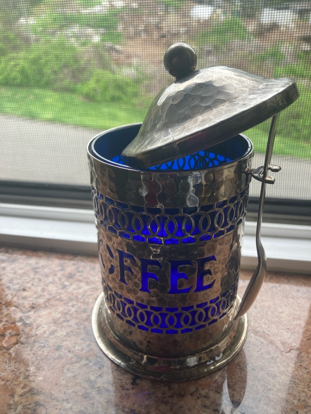 Hammered Silver Coffee Canister with Cobalt Blue Insets - Picture 3 of 12